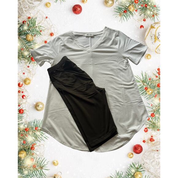 Holiday Cozy Essentials Bundle – White V-Neck Tee + Olive Biker Shorts (NWT) - Picture 2 of 5